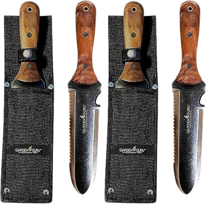 Garden Guru Hori Hori Gardening Knife for Weeding Digging Pruning & Cultivating - Stainless Steel Full Tang Blade Walnut Wood Handle Marks for Measuring Planting Depth Nylon Sheath for Storage (2pack)