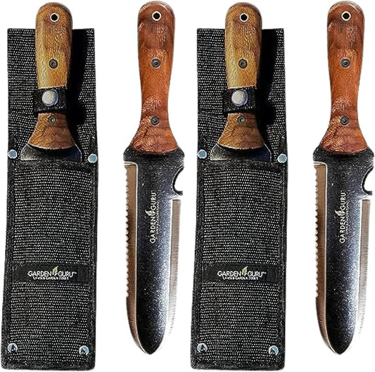 Garden Guru Hori Hori Gardening Knife for Weeding Digging Pruning & Cultivating - Stainless Steel Full Tang Blade Walnut Wood Handle Marks for Measuring Planting Depth Nylon Sheath for Storage (2pack)