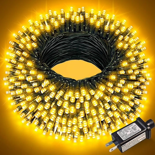100FT 300 LED Christmas Lights Outdoor, Warm White Christmas Tree Lights with 8 Modes Waterproof, Plug in Connectable Green Wire String Lights Indoor for Patio Garden Xmas Party Decorations