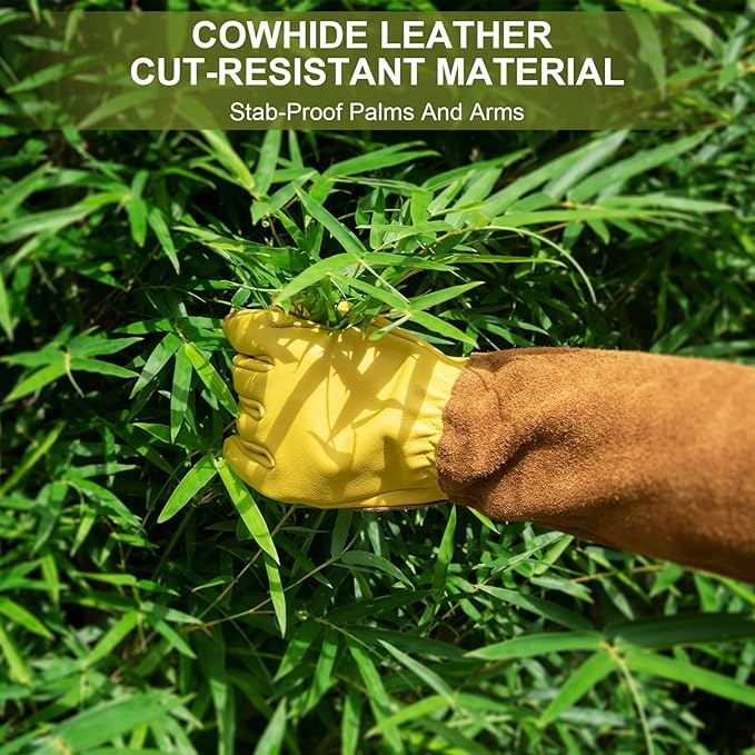 Long Gardening Gloves for Women Thorn Proof,Rose Pruning Cowhide Leather Garden Gloves for Cactus, Rose and Blackberry