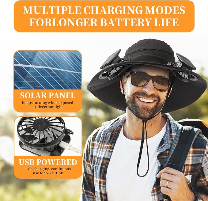 Solar Powered Fan Hat with 2 Removable Fans Wide Brim Sun Hat for Outdoor Fishing, Hiking Gardening, USB Solar Charging