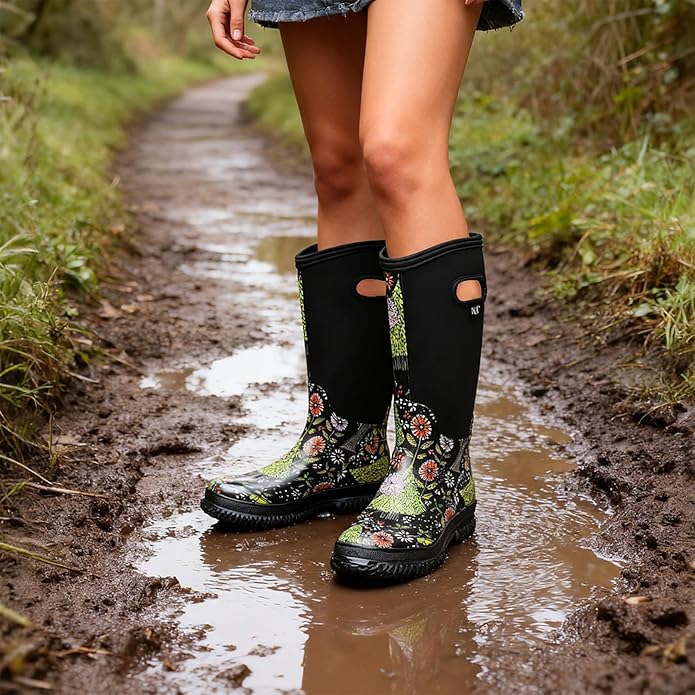 WTW Mid Calf Rain Boots for Women - Waterproof Insulated Neoprene Mud Boots Outdoor Hunting Garden Boots