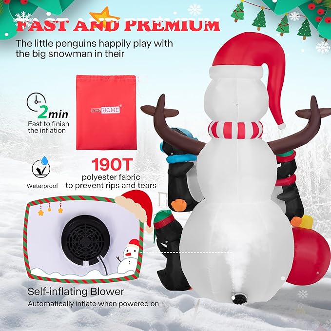 VIVOHOME 6FT Christmas Inflatable Outdoor Decoration, Snowman with Penguin and Red Ball, Navidad Blow Up Yard Decor with Built-in LED Light for Lawn, Garden, Party