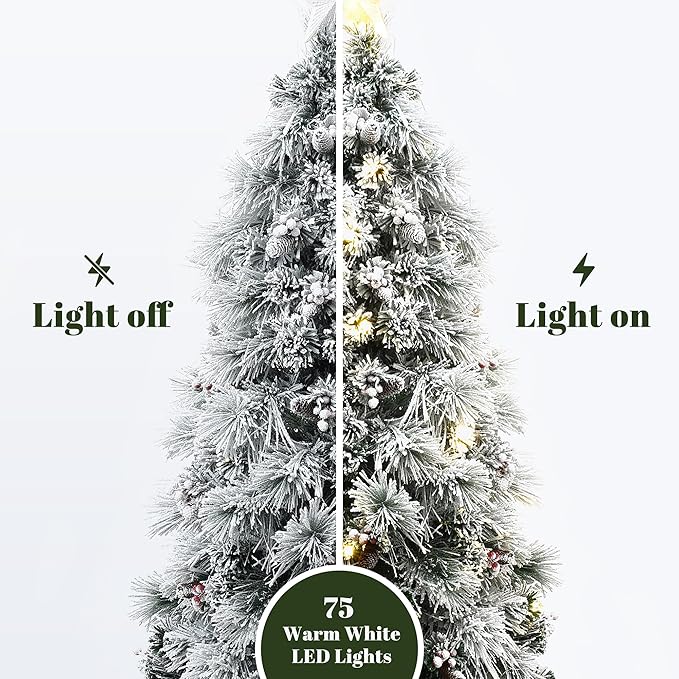 LuxenHome 5FT Flocked Christmas Tree, Christmas Tree with Lights, Pine Cones and Red Berries, White Artificial Trees with 75 LED Lights, 193 PVC and Bristle Tips for Living Room, Entryway Decor