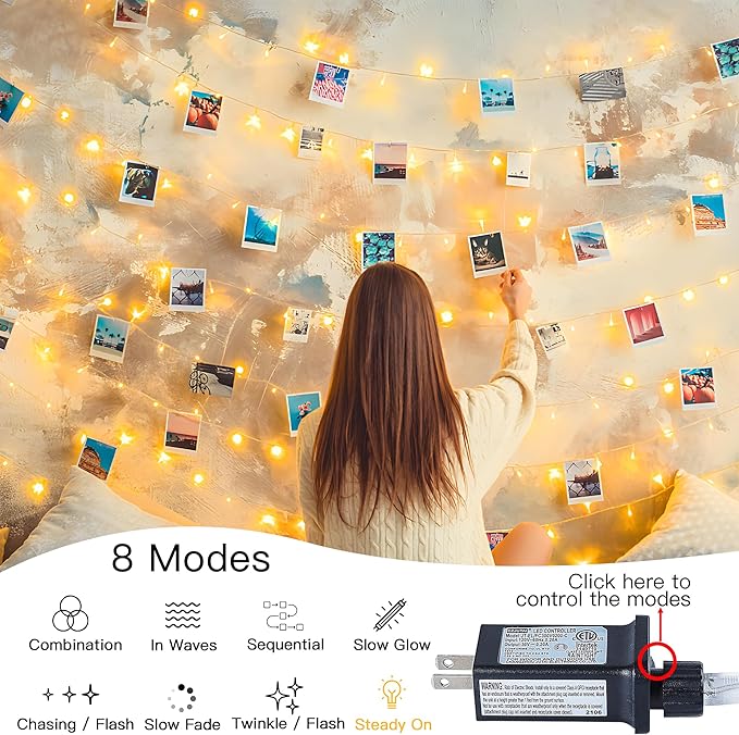 String Lights Indoor Bedroom, 100 LED 33FT Fairy String Lights Outdoor Waterproof, 8 Modes Connectable Twinkle Christmas Light Plug in for Classroom Dorm Patio Tree Garden Decor(Warm White)
