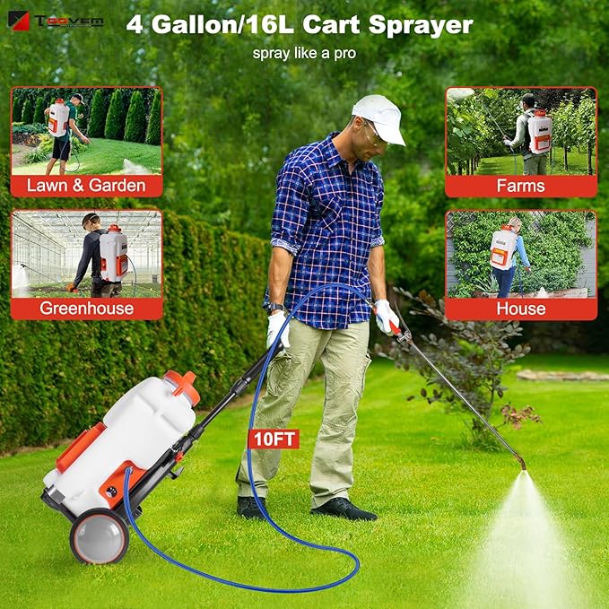 Toovem Battery Powered Backpack Sprayer 4 Gallon, Adjustable 0-94 PSI, 4FT Hose, 6 Nozzles, Weed Yard Sprayer with Wand, Electric Backpack Garden Sprayer with Wheeled Cart for Weeding, Long Spray Time