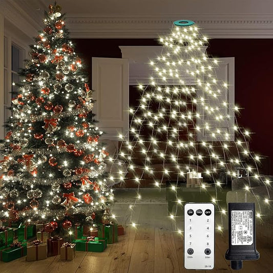 VIL Christmas Tree Lights with Ring,6.6Ft 8 Line 280 LED Green Wire Fairy Waterfall String Lights Plug in,Icicle Twinkle Lights with 8 Lighting Modes for Indoor Outdoor Xmas Tree(Cool White)