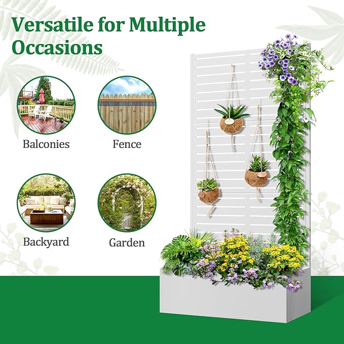 Metal Raised Garden Bed with Trellis, 2 in 1 Trellis with Planter Box & Privacy Screen for Climbing Plants, Vine, Outdoor Standing Flower Beds with Drainage Holes, 35.4"L x 15.7"W x 70.9"H, White