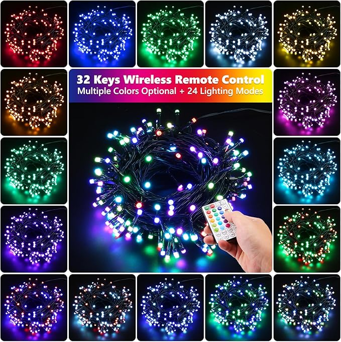 Joomer Christmas String Lights - 32FT 100LED Plug-in RGB String Lights with Remote, Waterproof Outdoor Indoor with Timer Memory Function for Tree, Yard, Christmas Decor (Non-Connectable)