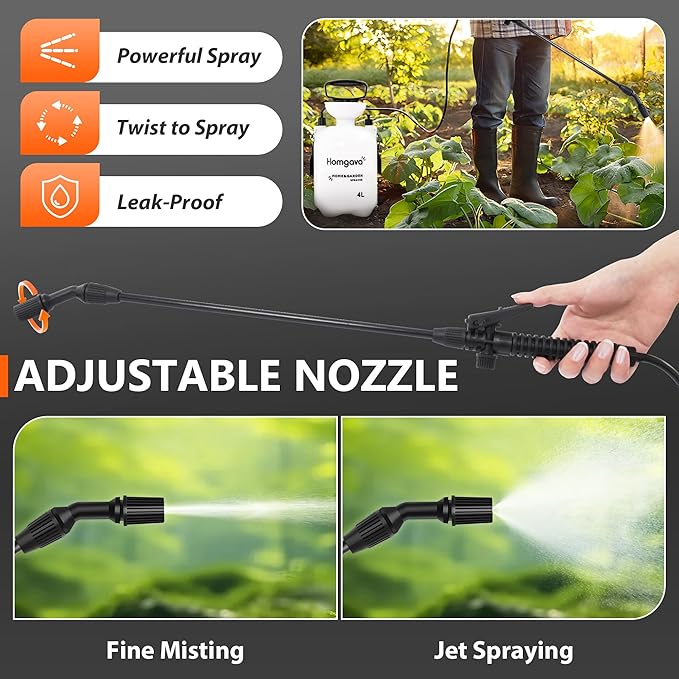 1 Gallon/4L Pump Sprayer, Pressurized Water Spray Bottle with 2 Nozzles, Adjustable Shoulder Strap & Safety Valve, Lawn and Garden Sprayer for Watering, Fertilizing, Cleaning