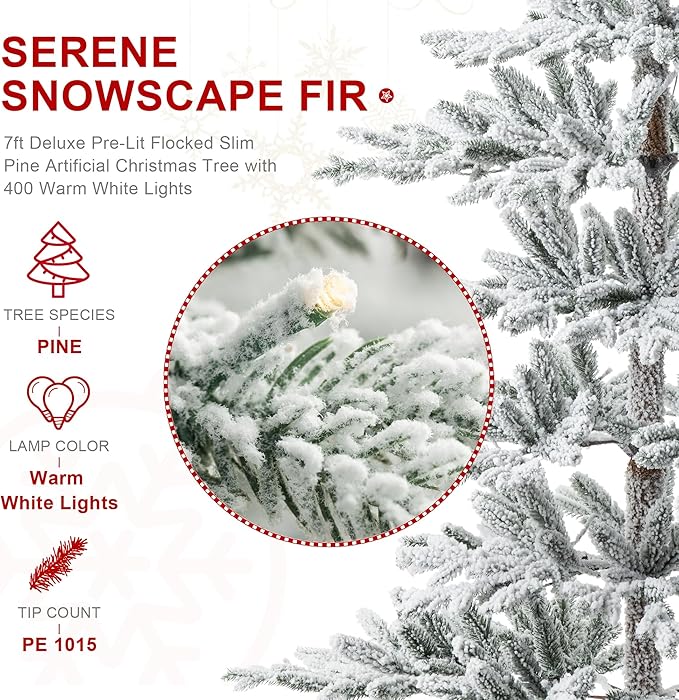 Glitzhome 7ft Deluxe Pre-Lit Flocked Artificial Christmas Tree Serene Snowscape Fir for Home, Office, Party Decoration with 400 Warm White Lights, Metal Hinges & Base, Easy Assembly