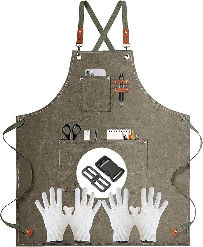 Heavy-Duty Canvas Tool Apron – Adjustable Cross-Back Work Apron with Pockets for Woodworking, Gardening & Crafts