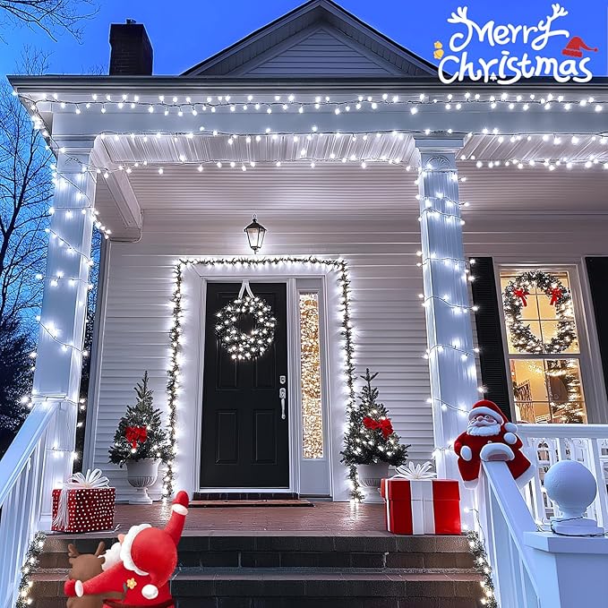 JMEXSUSS 200 LED White Christmas Lights Outdoor, 66ft Connectable Christmas Tree Lights Green Wire, 8 Modes Waterproof Christmas Twinkle String Lights Plug in for Xmas Wedding Party Indoor Decorations