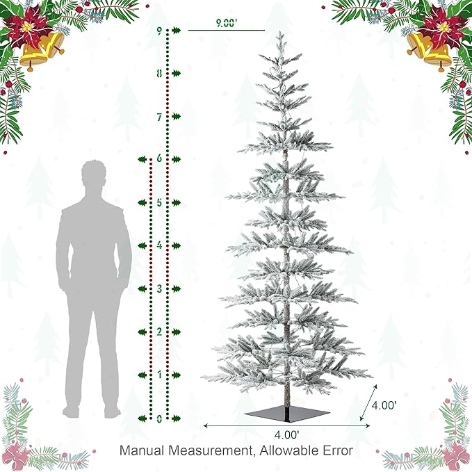 Glitzhome 9ft Deluxe Pre-Lit Flocked Artificial Christmas Tree Serene Snowscape Fir for Home, Office, Party Decoration with 650 Warm White Lights, Metal Hinges & Base, Easy Assembly