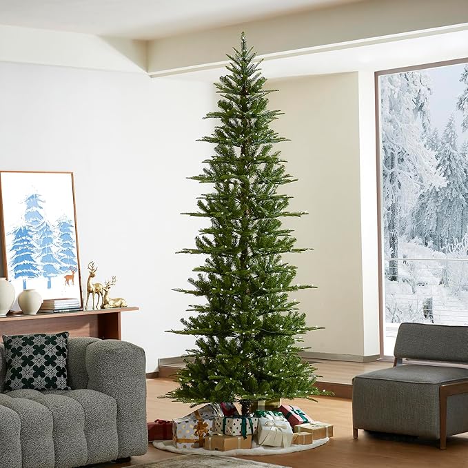 Glitzhome 9ft Pre-Lit Green Fir Christmas Tree, Cascade Evergreen Slim Artificial Holiday Christmas Tree with 500 Strawberry Lights,9 Functional Warm White/Multi-Color, Remote Controller