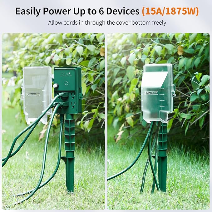 SURAIELEC Outdoor Power Stake Light Timer, Dusk to Dawn, 6 Electrical Outlet Power Strip Weatherproof, 6FT Extension Cord for Patio Lights, Sprinkler, Garden, Christmas Decorations, ETL Listed
