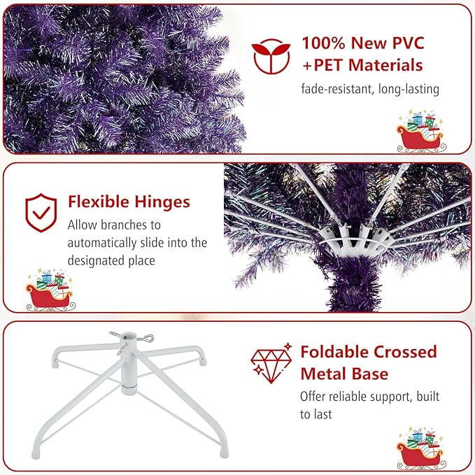 Goplus 6 FT Pre-Lit Tinsel Christmas Tree, Artificial Hinged Xmas Tree with 250 Warm White LED Lights, 8 Modes, 688 Lush Branch Tips, Metal Stand, Home Office Seasonal Holiday Decoration, Purple