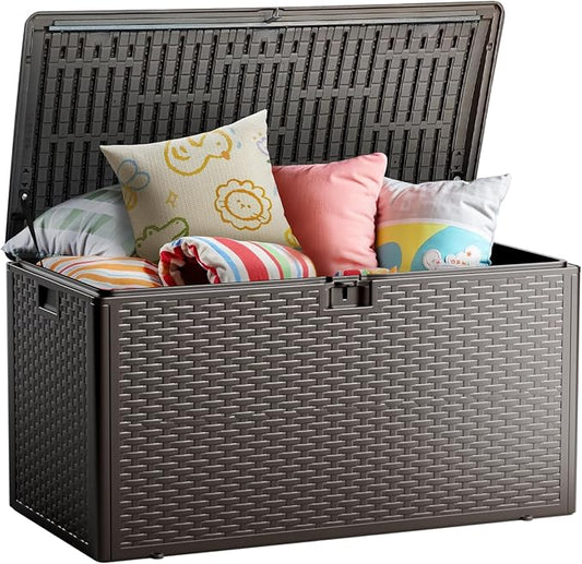 73 Gallon Deck Box, Double Layer Waterproof Resin Outdoor Indoor Storage Box, Lockable & UV Resistant Storage Bin for Patio Furniture, Garden Tools, Pool Accessories (Brown)