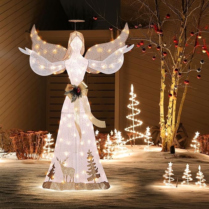 Tangkula 5 FT Lighted Christmas Angel, Outdoor Pre-lit 3D Glittered Angel with 100 Warm White Lights, Halo, Bow, Ground Stakes, Outdoor Christmas Decoration for Lawn Yard Garden