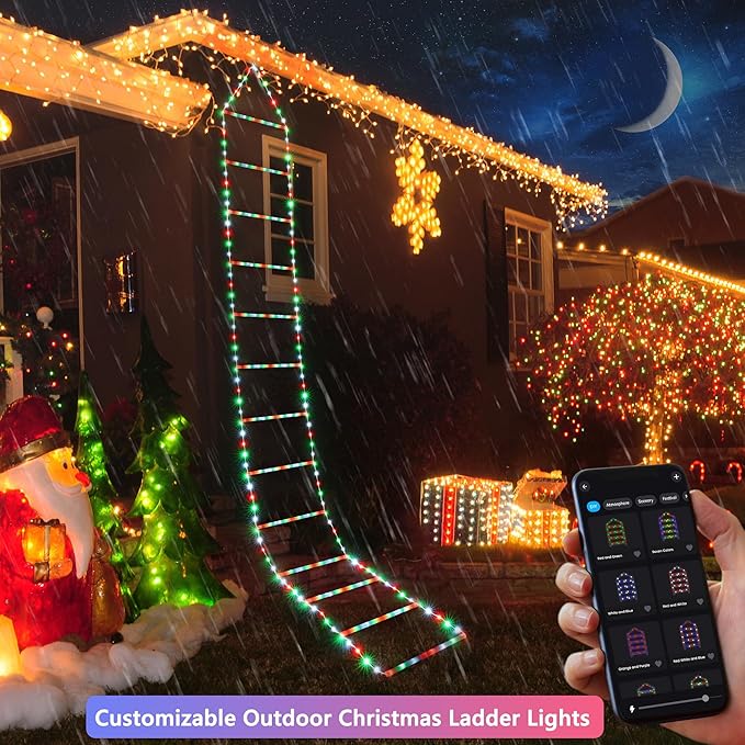 Toodour Outdoor Christmas Decorations Lights, Smart RGB Christmas Lights with Bluetooth & App Controlled, 10ft LED Ladder Light, Music Sync Color Changing Xmas Light for Home, Wall, Indoor Decor