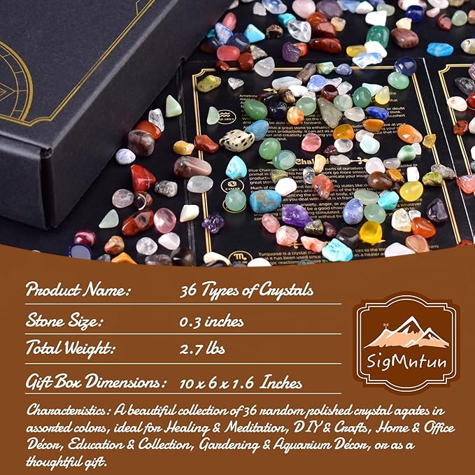Polished Healing Crystal Chips & Stones Set – 36 Different Natural Gemstone Types, 2.5 lbs of 0.3" Tumbled Decorative Rocks for Chakra, Meditation, Reiki, Energy Work, Crafts, Gifts