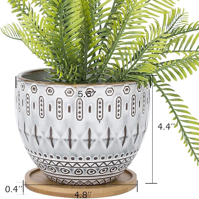 VanEnjoy 5.5 inch Large Round Bohemian Style Ceramic Planter, Geometry Engrave Off White Brown Succulent Planter Flower Pot, Indoor Outdoor Decorative Planter