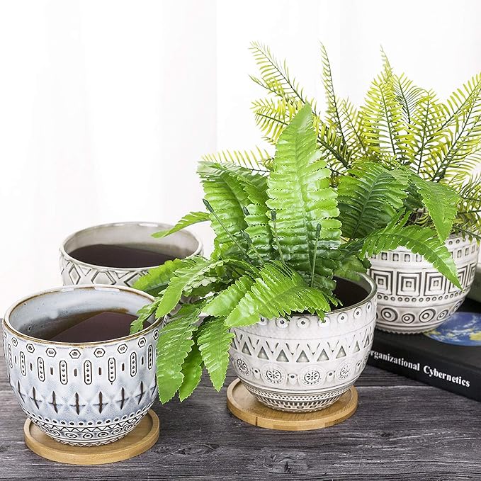 VanEnjoy 5.5 inch Large Round Bohemian Style Ceramic Planter, Geometry Engrave Off White Brown Succulent Planter Flower Pot, Indoor Outdoor Decorative Planter