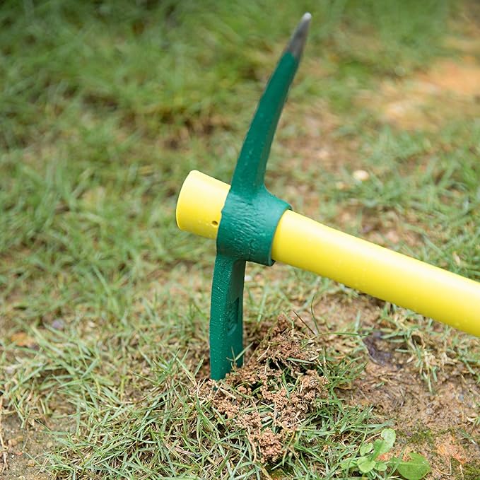 2 Packs 15 Inch Pick Mattock Hoe, KINJOEK 1.5Lbs Forged Weeding Garden Pick Axe with Fiberglass Handle for Digging Loosening Soil, Gardening, Camping or Prospecting