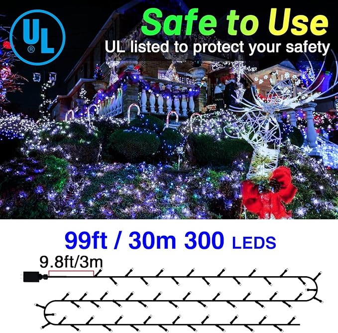 KNONEW Outdoor Christmas Lights 99ft 300 LED String Lights 8 Modes & Timer Fairy Light Plug in Waterproof LED String Lights for Xmas Yard Tree Wedding Party Holiday Decorations (Blue)