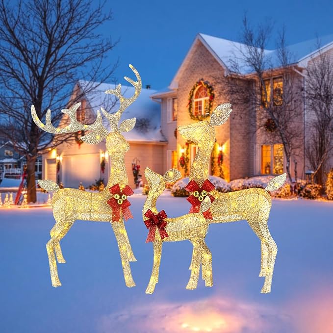 Light Up Christmas Reindeer Decor Set of 3 (4ft Tall) with 240 LED Lights, Ideal as Outdoor Christmas Decorations Yard Display or Indoor Home Decor, Features Sturdy Metal Frame and Ground Stakes
