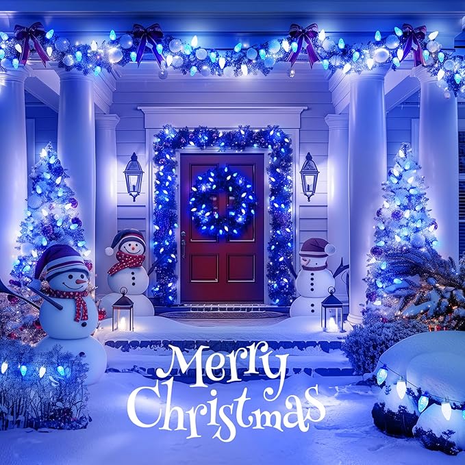 Brightown 2 Pack Blue and White C9 LED Christmas String Lights - 33ft 50 LED Waterproof Strawberry String Lights, Plug-in Extendable Green Wire Lights String for Outdoor Indoor Patio Party Decoration