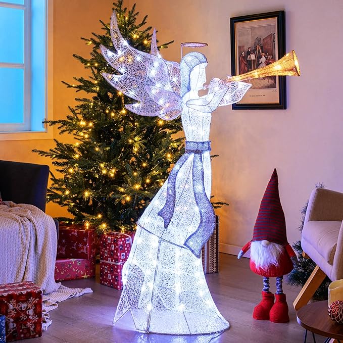 Tangkula 5 FT Christmas Angel with Trumpet, Outdoor Xmas Pre-Lit Angel with Halo, Wings & 100 LED Lights, Ground Stakes & Zip Ties Included, Lighted Winged Holiday Figure for Home, Yard