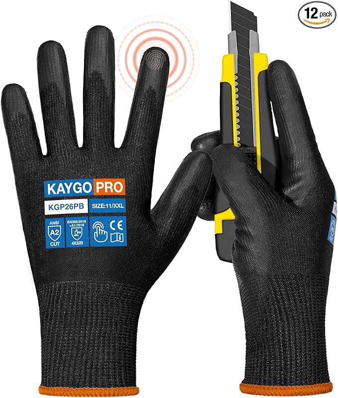 KAYGO Cut Resistant Gloves PU Coated, 12 Pairs Safety Work Gloves with full fingers Touchscreen, ANSI Cut Level A2, for Men and Women, Ideal for General Duty Work KG11P, Black,2XL