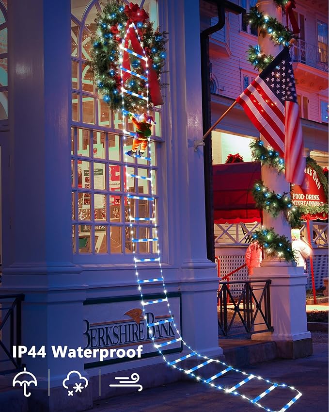 Toodour LED Christmas Lights - 10ft Christmas Decorative Ladder Lights with Santa Claus, Xmas Decorations Light for Indoor Outdoor, Window, Garden, Home, Wall, Xmas Tree Decor - White & Blue