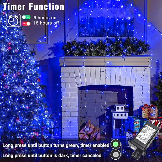 66FT 200 LED Christmas Lights Outdoor, Plug in Christmas String Lights Indoor, Waterproof & 8 Modes & Timer Function, Connectable Fairy Twinkle Light for Bedroom Classroom Wedding Party Decor, Blue