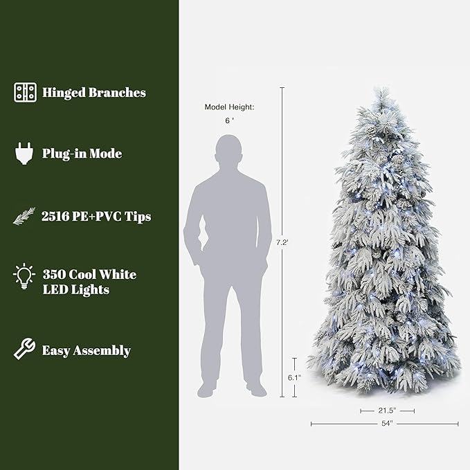 LuxenHome 7FT Flocked Artificial Christmas Tree, Downswept Branches Prelit Christmas Tree Flocked with Feather Accents, Pinecone and 350 LED Lights, 2516 PE+PVC Tips, Xmas Tree Holiday Decor