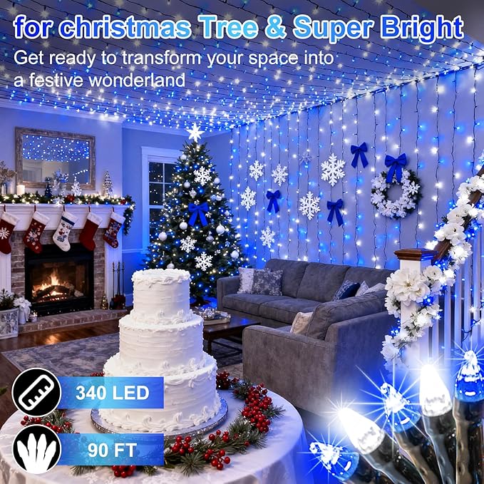 340 LED 90FT Christmas String Lights Outdoor, 12 Pro Modes and Timer Memory & Brightness, Plug in Waterproof Dark Green Wire Twinkle Light for for Xmas Yard Tree Wedding Party Decor (Blue & White)