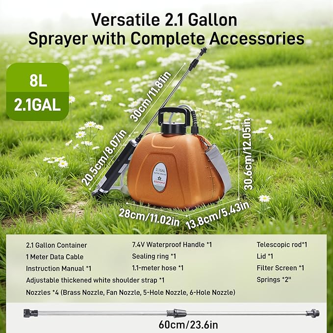 Electric Garden Sprayer 2.1 Gallon, 4 Mist Nozzles, Telescopic Wand, Adjustable Shoulder Strap, USB Rechargeable Waterproof Handle, Automatic Plant Mister for Lawn Garden