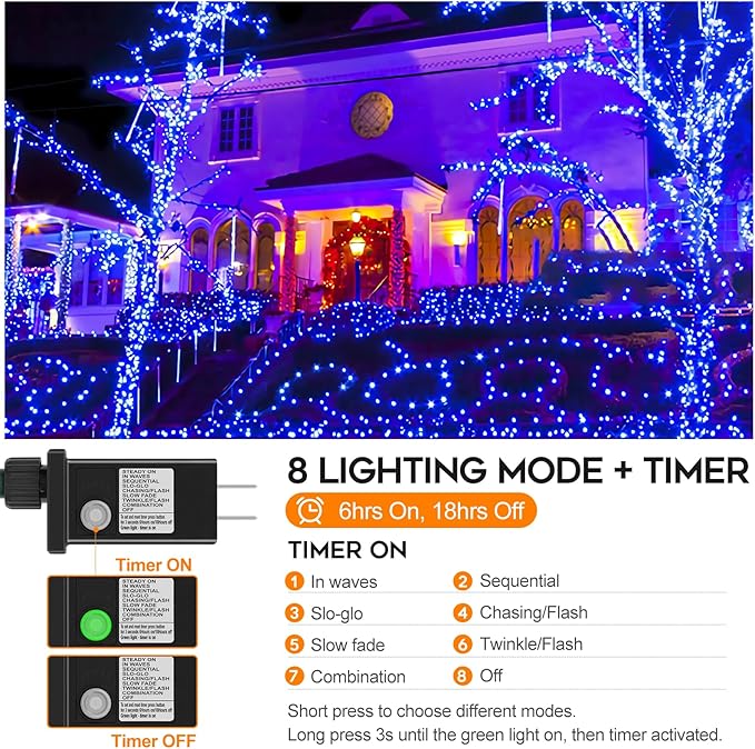 66FT 200 LED Christmas Lights with Timer, Twinkle Fairy Lights String with 8 Flashing Modes String Lights for Indoor Bedroom Outdoor Christmas Trees Garland Wreath Holiday Decorations, Blue