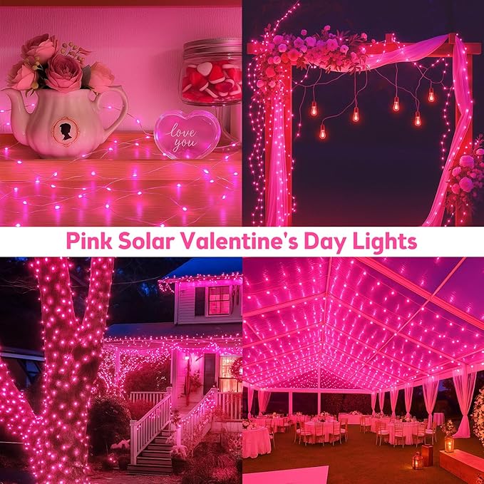 Extra-Long 144FT Solar String Lights for Outside, 2 Pack 400LED Solar Christmas Lights Outdoor, Waterproof Copper Wire with 8 Modes Twinkle Fairy Lights for Tree Garden Party Xmas Decor (Pink)