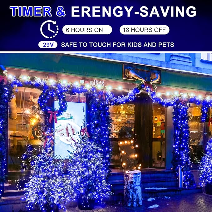 KNONEW 403ft 1000 LED Christmas Lights Outdoor String Light with Remote Control 8 Modes and Timer Memory, Green Wire Waterproof Fairy Lights Decorations for Xmas Tree Wedding Decor (Blue)