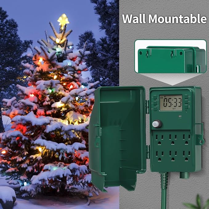 SURAIELEC Outdoor Power Stake, 7-Day Programmable Digital Timer, Power Strip Weatherproof, 6 Multi Plug Electrical Outlet Waterproof, 6FT Extension Cord, for Outside Yard Light, Christmas Decorations