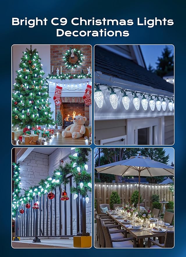 Minetom C9 Christmas Lights Outdoor, 100 FT 150 LED Connectable C9 String Lights with 8 Modes and Timer Extendable Xmas Tree Patio Roofline Garden Yard Holiday Party Indoor Outdoor Decoration, White
