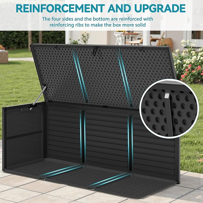 HUGROVE Resin Deck Box, 130 Gallon Outdoor Storage Box with Lockable Lid, Waterproof Patio Storage for Garden Tools & Outdoor Accessories (Dark Black)