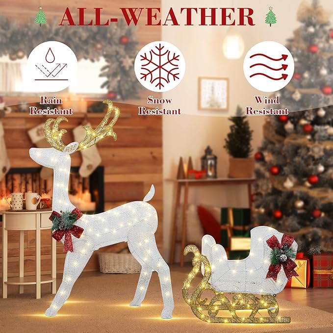 Vongrasig 4FT Lighted Christmas Reindeer & Sleigh Outdoor Yard Decoration Set W/ 205 LED Lights & 8 Ground Stakes, Zip Ties, Artificial Xmas Lighted Holiday Decor for Indoor and Outdoor(White)