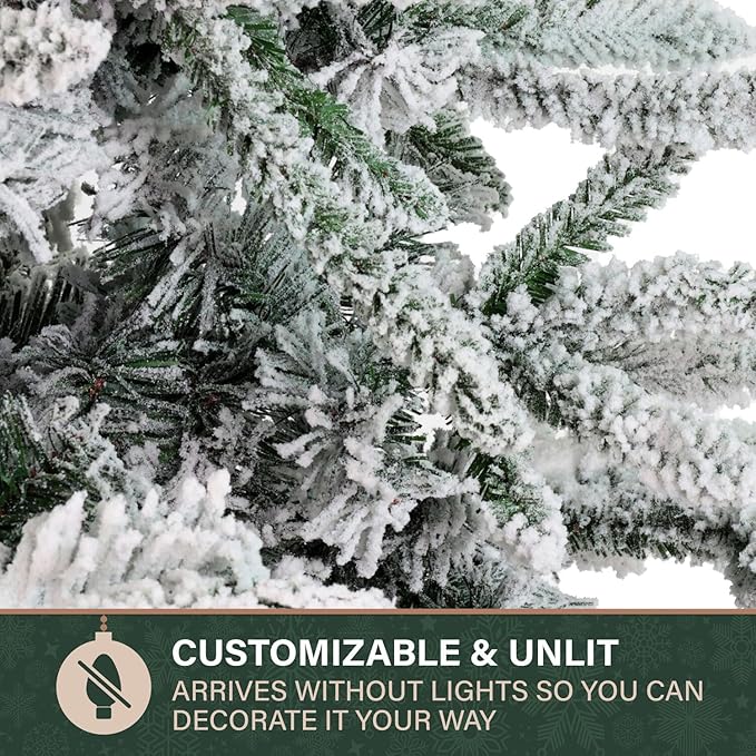 Fraser Hill Farm 6.5-Ft Slim Mountain Pine Flocked Artificial Christmas Tree with Stand, Unlit Foldable Skinny Fake Tree with Realistic Snowy Foliage, Holiday Décor Greenery for Winter Decoration