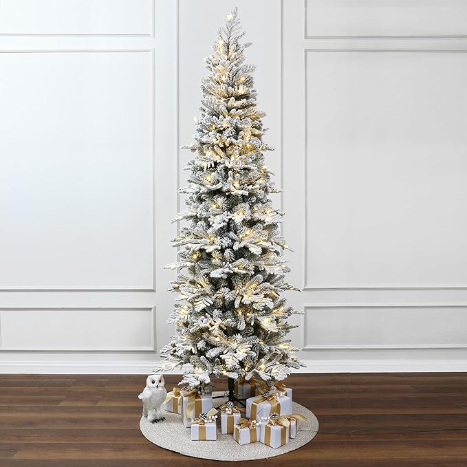 LuxenHome 7.5FT Flocked Christmas Tree, Slim Pencil Christmas Tree Pre-lit with 350 Warm White LED Lights, Lighted Artificial Christmas Trees with Stand for Indoor, Outdoor Holiday Decorations