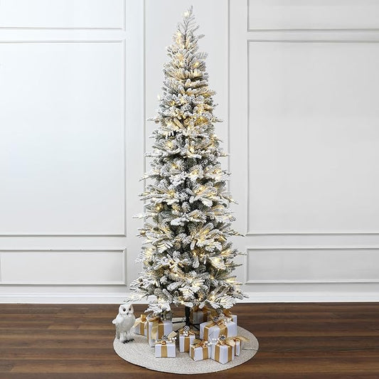 LuxenHome 7.5FT Flocked Christmas Tree, Slim Pencil Christmas Tree Pre-lit with 350 Warm White LED Lights, Lighted Artificial Christmas Trees with Stand for Indoor, Outdoor Holiday Decorations