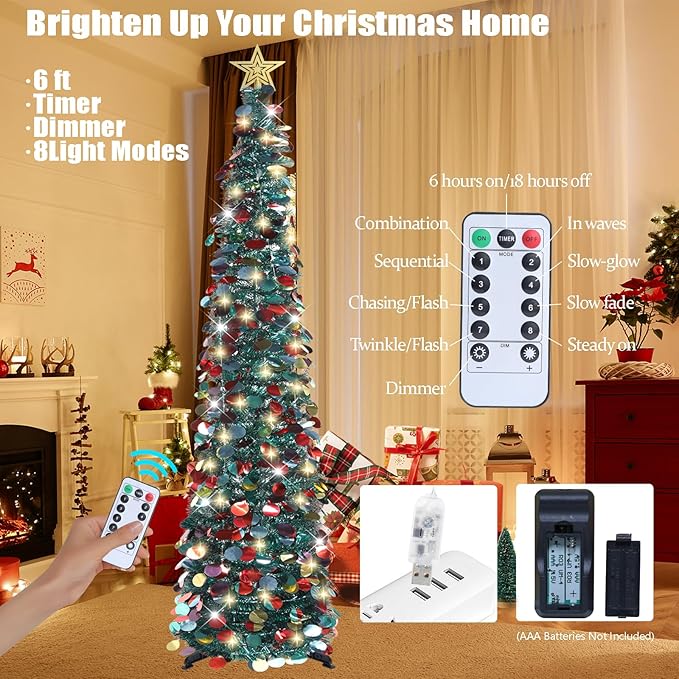 HMASYO 6 FT Pop Up Christmas Tree with 100 LED Lights & Remote, Green Christmas Tinsel Tree, Collapsible Artificial Pencil Tree for Home Office Party Decor, USB Powered Timer Lights, Easy Assembly