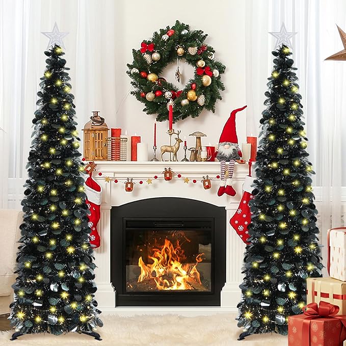 HMASYO 5 FT Pop Up Christmas Tree with Timer Lights, Black Christmas Tinsel Tree, Collapsible Artificial Pencil Christmas Tree for Indoor Home Apartment Porch Holiday Party Decorations